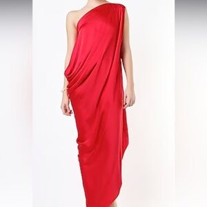 EXQUISITE SILK NAKA RED SAREE STYLE ONE SHOULDER ALMOST MAXI DRESS
